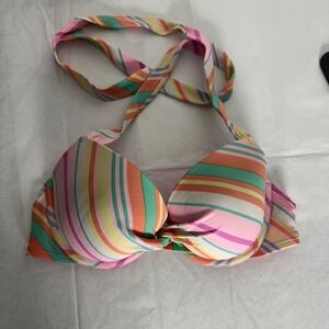 Aerie Brooke Push Up Halter Bikini Top 34C Striped Multicolor Underwire Swim